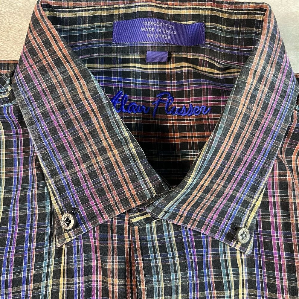 Alan Flusser Colorful‎ Black Rainbow Check Shirt Men's Size Large